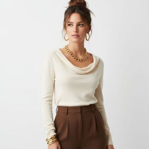 Halston 100% Cashmere Ivory Cream Long Sleeve Drape Neck Sweater NEW S